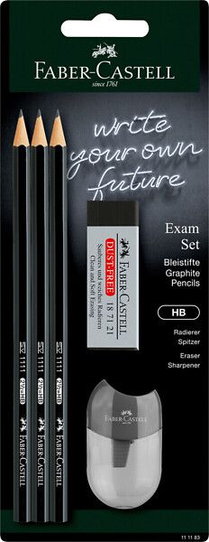 Faber-Castell lyijykynäsetti musta: 3 lyijykynää, kumi, teroitin