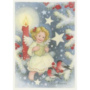 Joulukortti Aila Utriainen enkeli ja kynttilä, 1-os, glitter