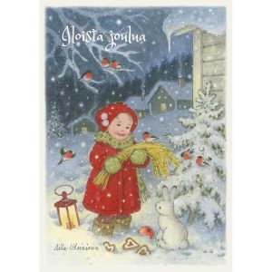 Joulukortti Aila Utriainen tyttö ja linnut, glitter, 1-os