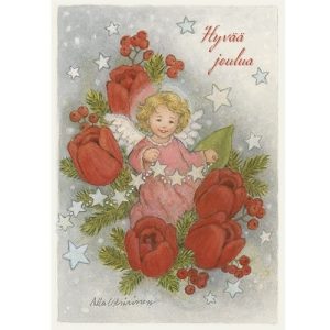 Joulukortti Aila Utriainen enkeli, joulukukat, 1-os, glitter