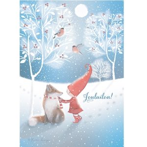 Joulukortti Katri Kuusela, tonttu ja kettu, 1-os