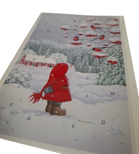 Joulukalenterikortti tonttu ja pihlaja glitter