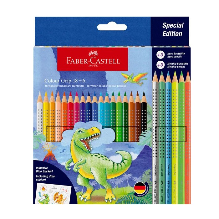 Faber-Castell Colour Grip värikynät dinosaurus 18+6 kynää + tarroja