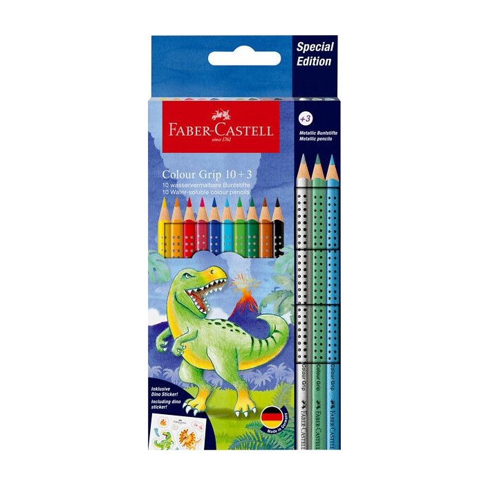 Faber-Castell Colour Grip värikynät dinosaurus 10+3 kynää + tarroja